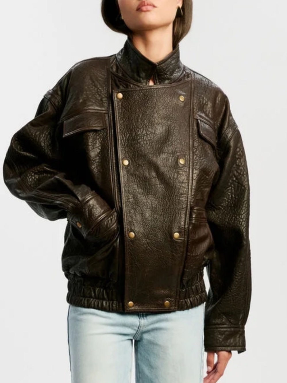 Bardot Men's Chocolate Brown Leather Bomber Jacket with Brass Details